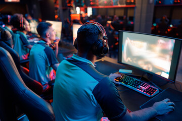 Rear view of professional cybersport gamer playing video games and wearing headphones in dark interior of cybersport club