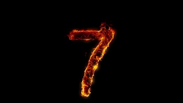 Super Slow Motion Shot of Burning Number 7 Isolated on Black Background at 1000 fps.