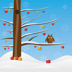 Winter background with snow covered tree and Christmas toy - Vector illustration