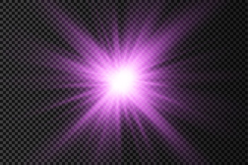 Purple glowing light star, violet burst sun rays.