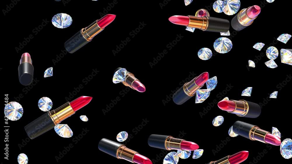 Poster realistic looping 3d animation of the falling red lipsticks and shining diamonds rendered in uhd wit