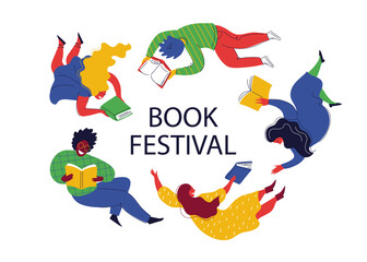 Banner for book festival. Open books and  flying people. Vector minimalist background. Design template for a library, education theme. A person is reading a book.