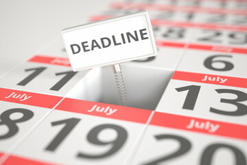 DEADLINE notice on July 12 in a calendar, 3d rendering