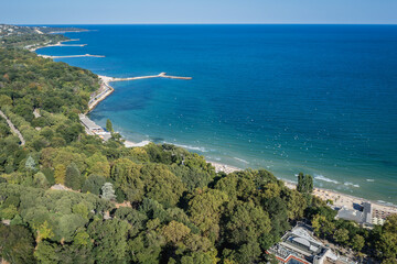 Drone photo of Sea Garden park and shore of Varna city in Bulgaria