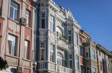 Row of townhouses on a Old Town of Varna city, Bulgaria - obrazy, fototapety, plakaty