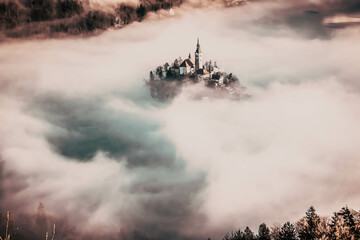 amazing sunrise at lake Bled from Ojstrica viewpoint, Slovenia, Europe - travel background