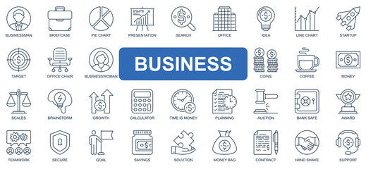 Business concept simple line icons set. Bundle of businessman, briefcase, presentation, startup, target, businesswoman, goal and other. Vector pack outline symbols for website or mobile app design