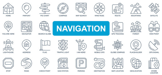 Obraz na płótnie Canvas Navigation concept simple line icons set. Bundle of home, pinpoint, compass, map, search, route, mountains, satellite, tracking and other. Vector pack outline symbols for website or mobile app design