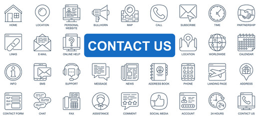 Obraz na płótnie Canvas Contact us concept simple line icons set. Bundle of location, subscribe, partnership, link, email, online help, info, support and other. Vector pack outline symbols for website or mobile app design