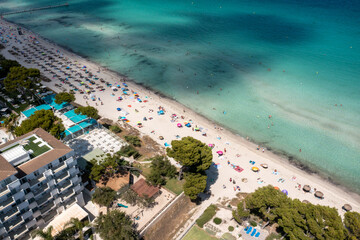 Aerial drone photo of the beach front on the Spanish island Majorca Mallorca, Spain showing the...