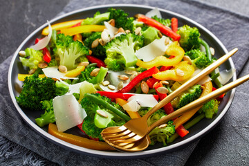 broccoli sweet pepper green beans salad on a plate