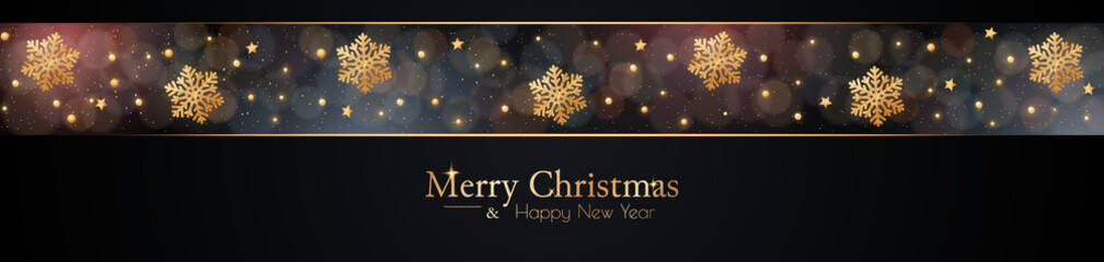Fototapeta na wymiar Christmas banner with gold glitter snowflakes and magic bokeh. Vector illustration