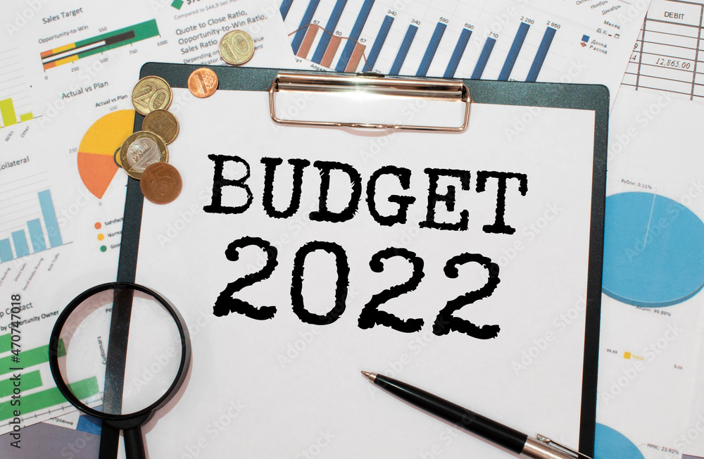 Poster list with text sheet 2022 budget of paper for notes. business concept