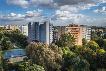 View on houses of flats in area of 1 Sierpnia Street in Warsaw, Poland - obrazy, fototapety, plakaty
