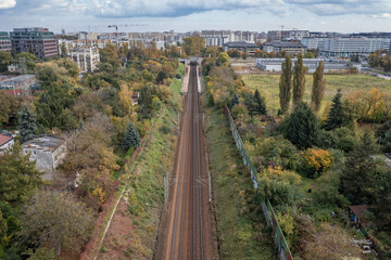 Fototapeta na wymiar Railroad tracks on the edge of Ochota and Wlochy districts of Warsaw, Poland