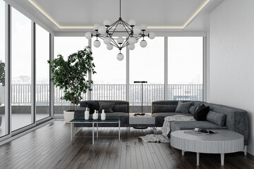 Illustration 3D rendering large luxury modern bright interiors Living room mockup computer digitally generated image
