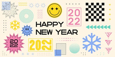 Happy New Year Abstract Geometric Illustration. Cool Trendy 2022 Illustration Retro Design. - obrazy, fototapety, plakaty