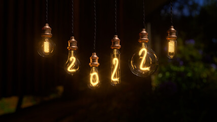 Light bulb New Year background. Edison light bulb. 2022 year. 3d rendering