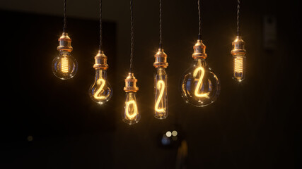 Light bulb New Year background. Edison light bulb. 2022 year. 3d rendering