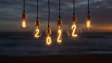 Light bulb New Year background. Edison light bulb. 2022 year. 3d rendering