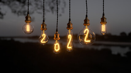 Light bulb New Year background. Edison light bulb. 2022 year. 3d rendering