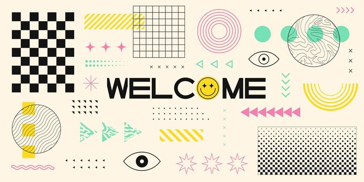 Cool Trendy Abstract Geometric Shapes Background. Welcome Retro Stylized Banner Illustration.
