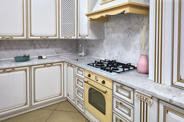 modern rustic vintage style kitchen with gas hob, oven and hood in white and gold colors