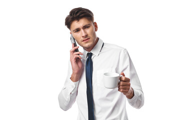 manager a cup of coffee talking on the phone official isolated background