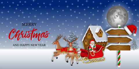 Merry christmas banner with santa claus sleigh on winter landscape