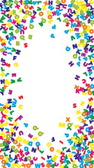 Falling letters of English language. Colorful flying words of Latin alphabet. Foreign languages study concept. Likable back to school banner on white background.