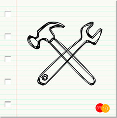 Hammer with spanner icon in doodle style on paper background vector,vector illustration