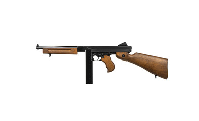 Vintage submachine gun Tommy Gun. Weapons of the army and mafia. Isolate on a white back