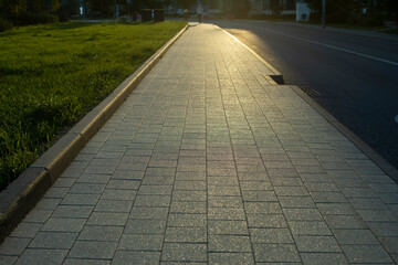 Park path in sunlight. Tiled pedestrian area.
