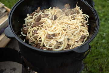 Meat and onions. Cooking outside. Barbecue outdoors.