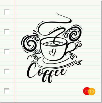 Cup of coffee on paper background.Cup coffee in doodle style