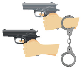 Gun in hands. Handcuffed hands.