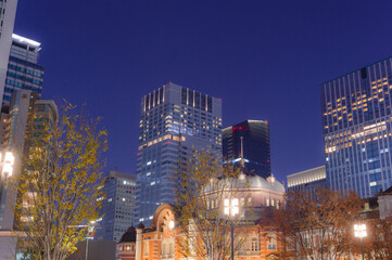Obraz premium 東京都千代田区丸の内の東京駅周辺の夜の都市景観
