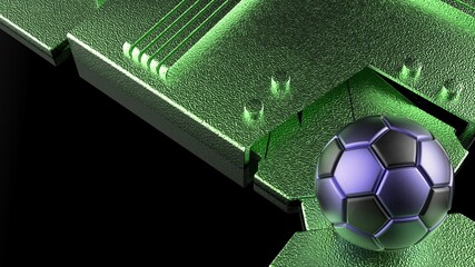 Metallic Black-Purple Soccer ball on Green Mechanical Titanium Plates. 3D illustration. 3D CG. High resolution.