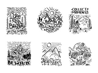 Set of hand drawn Adventure emblems. Design element for logo, poster, card, emblem, print. Vector image.