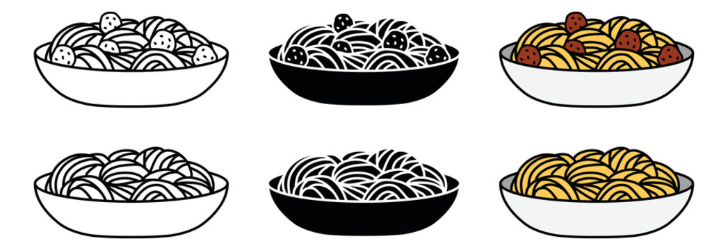 Spaghetti and Meatball Clipart Set - Outline, Silhouette and Color