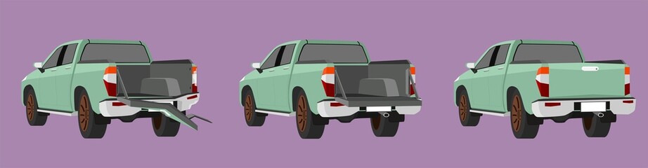 Cartoon vector or illustration. Status of the green truck car from normal car to the rear side of car was slightly damaged. until the car was severely damaged Damage the entire rear end. © thongchainak