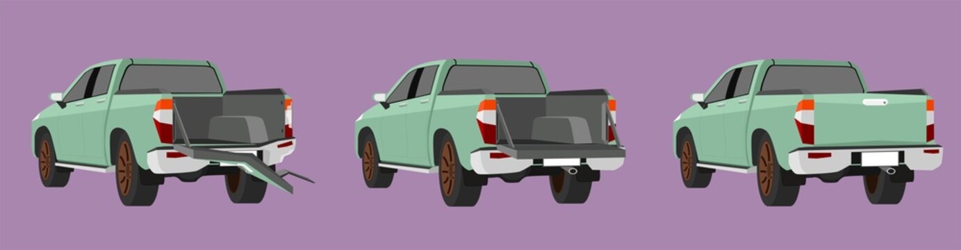 Cartoon Vector Or Illustration. Status Of The Green Truck Car From Normal Car To The Rear Side Of Car Was Slightly Damaged. Until The Car Was Severely Damaged Damage The Entire Rear End.