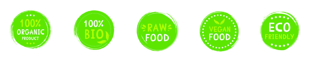 Fresh healthy organic vegan food set logo labels and tags the different design and green color. Vector hand drawn illustration.