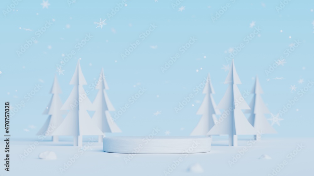 Poster 3d ice podium display and christmas tree.winter landscape background for merry christmas and happy n