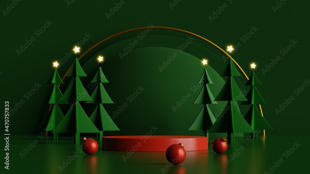 Poster Minimal scene with red podium and pine trees on midnight green background.Merry christmas and happy new year presentation.3d rendering illustration.