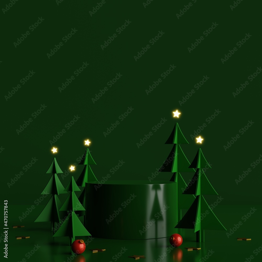 Poster minimal scene with green cylinder podium and pine trees on midnight green background.merry christmas