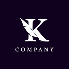 Letter K with Feather Quill Pen Notary Writer Journalist Logo Design Inspiration