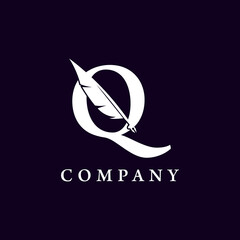 Letter Q with Feather Quill Pen Notary Writer Journalist Logo Design Inspiration