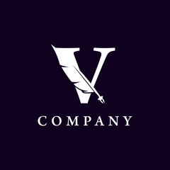 Letter V with Feather Quill Pen Notary Writer Journalist Logo Design Inspiration