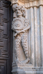 Details of Ávila Cathedral or Cathedral of the Saviour, a Catholic church in Ávila, Spain. It was built in the late Romanesque and Gothic architectural traditions.
